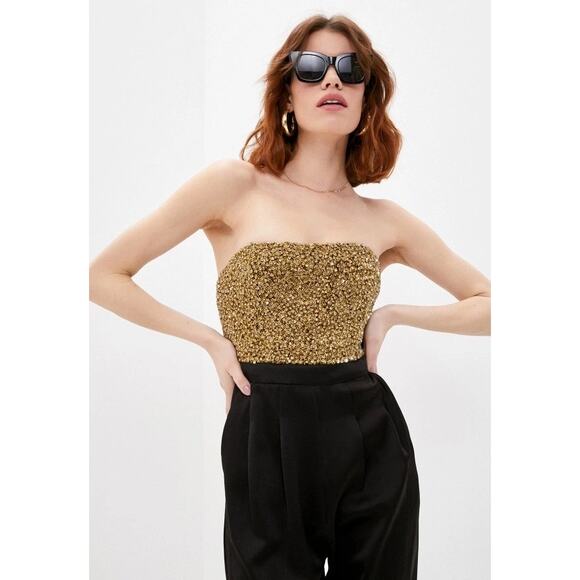 Alice + Olivia Jeri Rhinestone Embellished Strapless Jumpsuit black gold size 2 - Picture 14 of 15